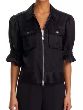 cinq a sept Holly Cropped Zip Satin Utility Jacket, black, XXS, runs large, NWOT